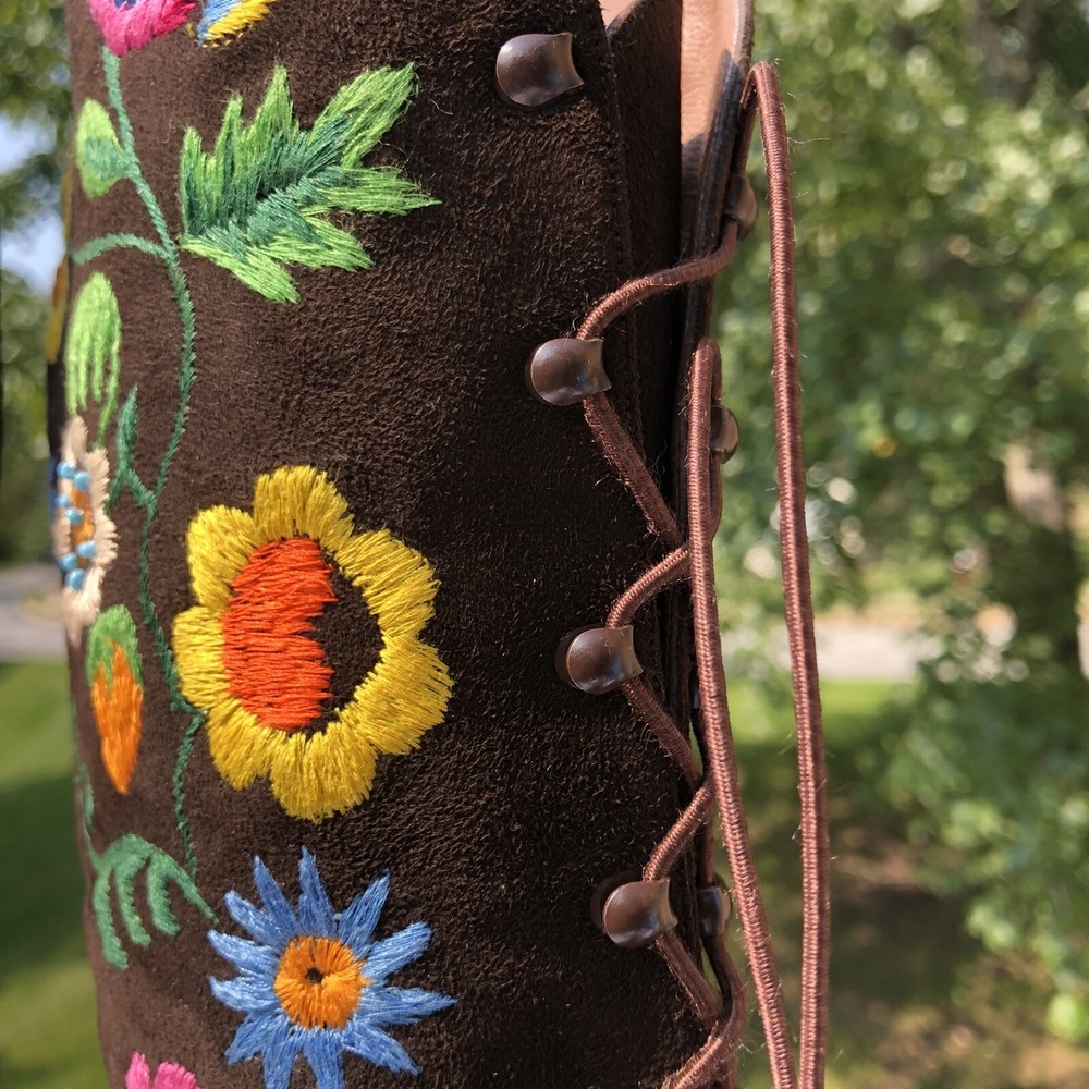 Vtg Jerry Edouard Brown Suede Embroidered Beaded 60'/70's Penny Lane GoGo Boots - Picture 4 of 12